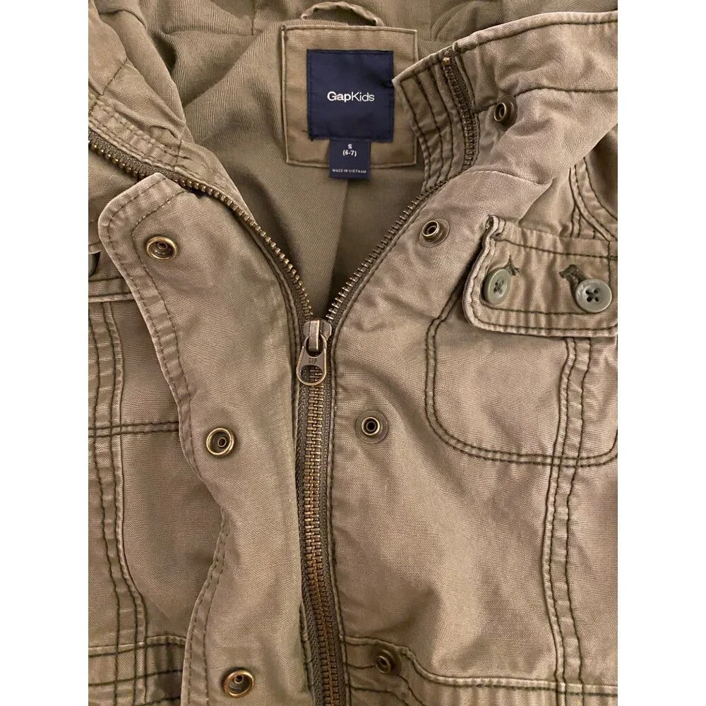 GAP Kids Hooded Military Utility Jacket Small (6-7)‎ Olive Full Zip 100% Cotton